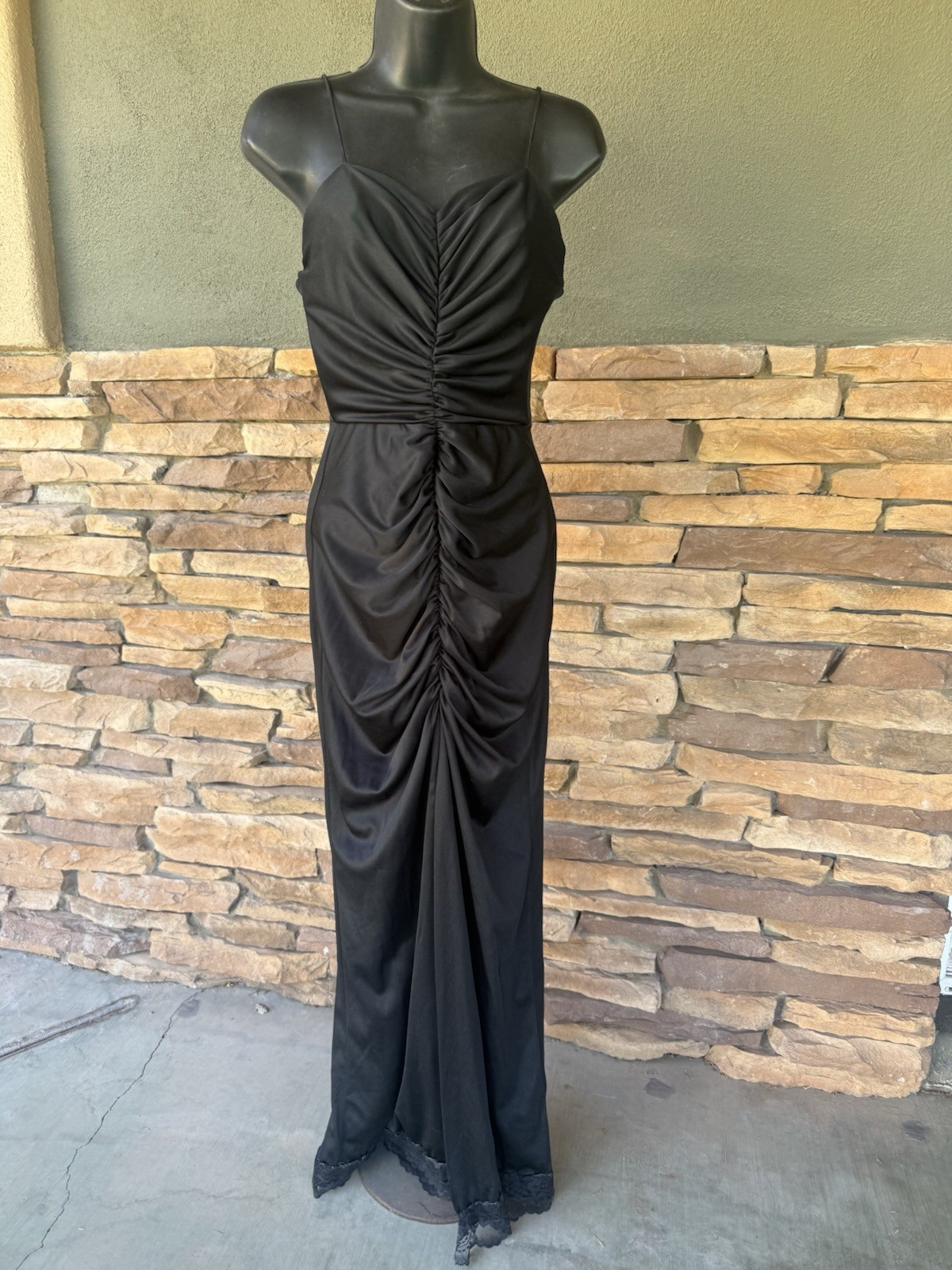 Vintage 70s/80s Fredericks Of Hollywood Black Front Slit Ruched Long Dress FAB