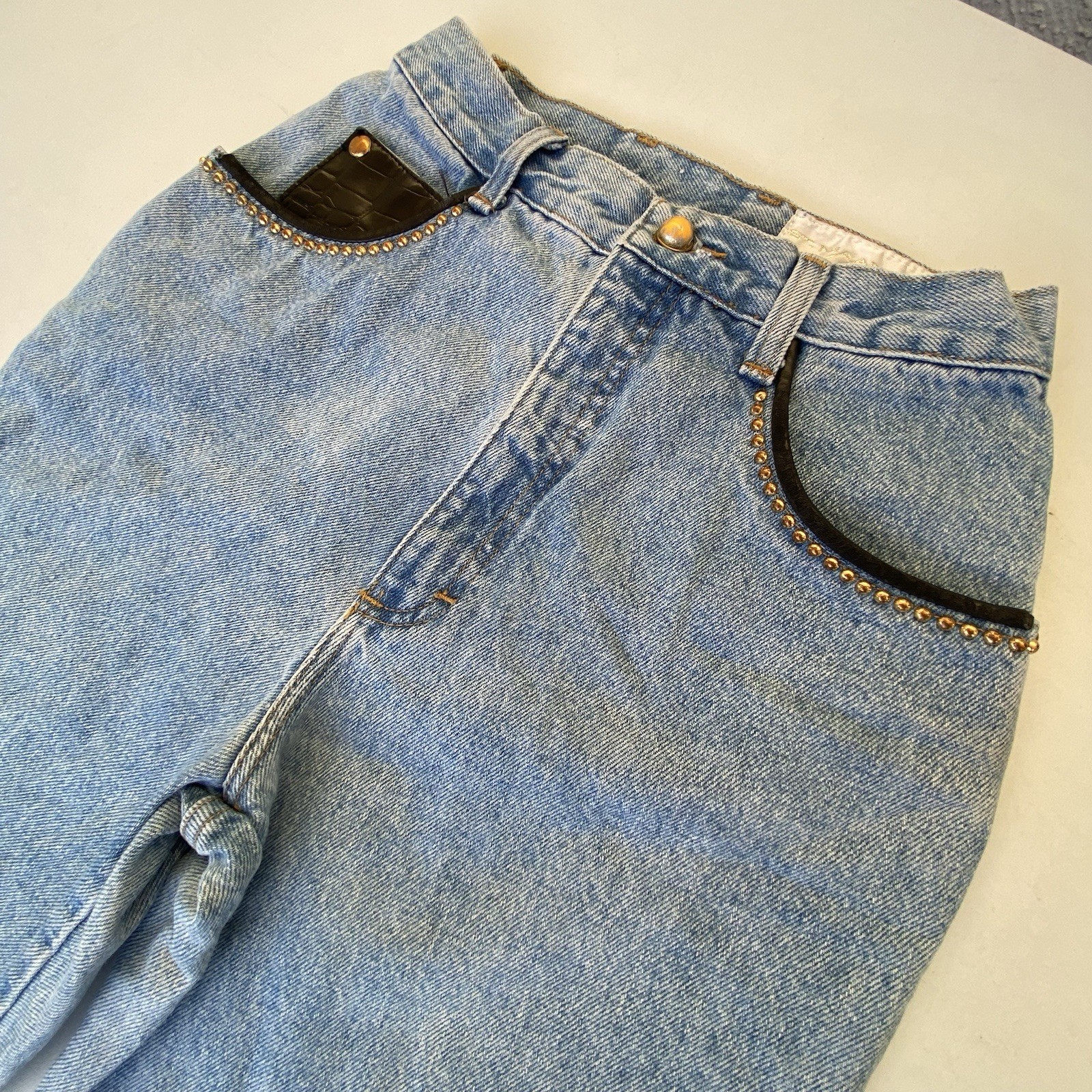 St. Maarten Dallas Black Leather & Jean Studded Western Pants Vintage Size 6 28