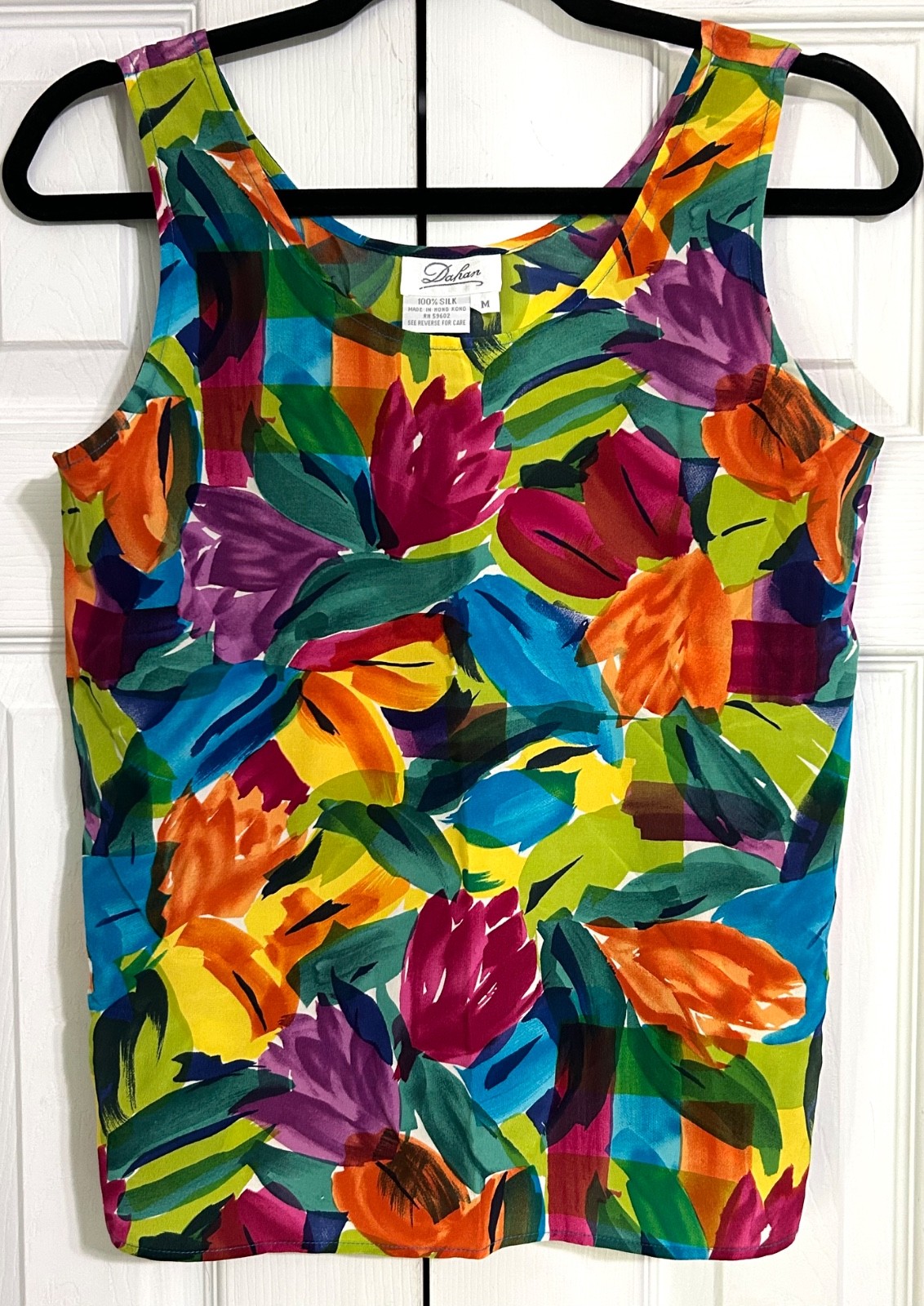 Vintage Dahan 100% Silk Womens M Floral Print Sleeveless Blouse Scoop Neck EUC