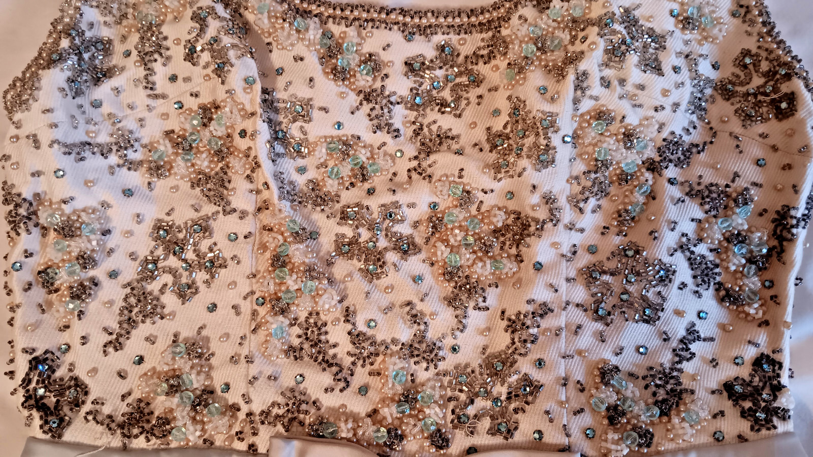 VINTAGE C. 1966 WOMENS TANK SHEATH BEADED TOP DRESS HANDMADE BLUE IVORY SZ M