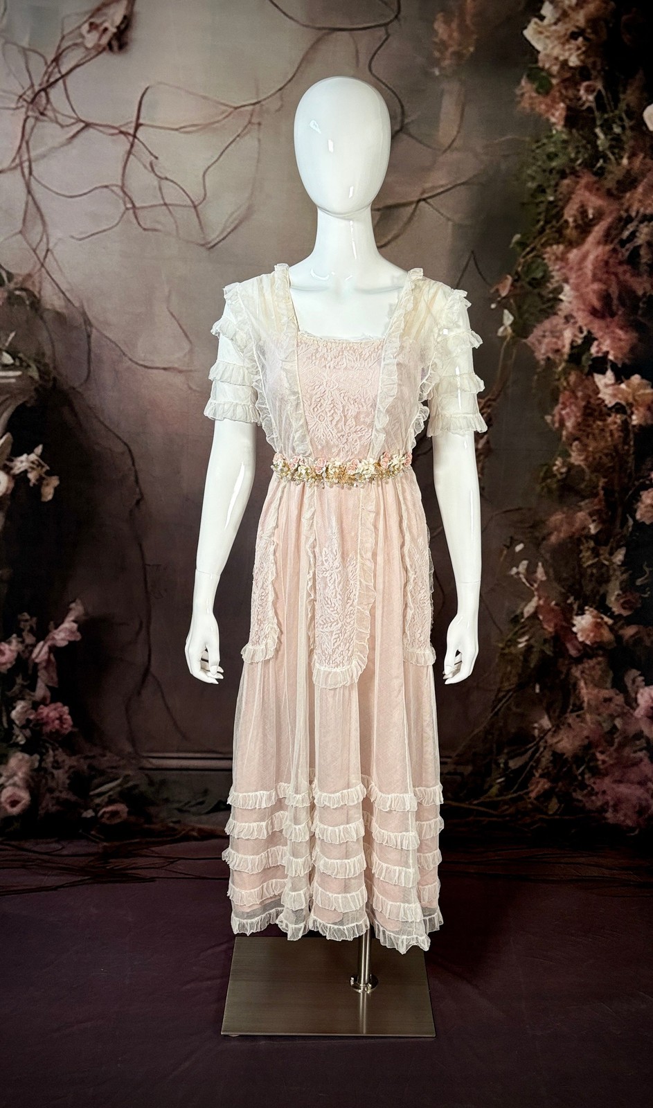 1900s Edwardian Silk Reception Dress Blush Pink Satin W/Net Tiered Ruffles 4/6