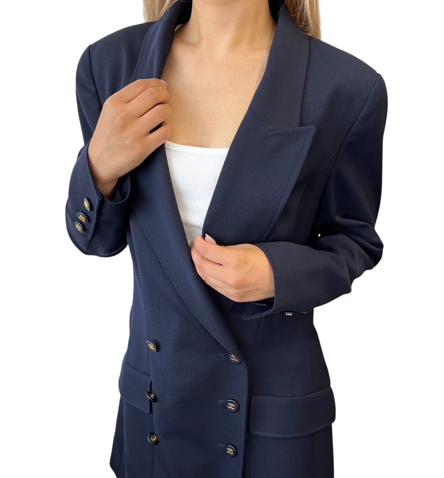 CHANEL Vintage 97P CC Logo Button Blazer Jacket #42 Dark Blue Gold Wool Pocket