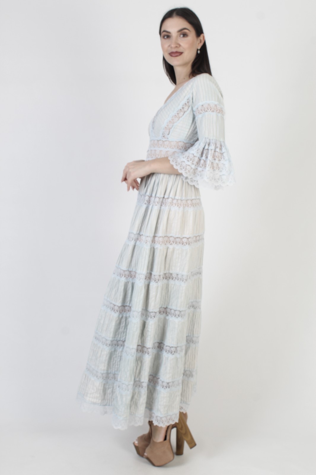 Mexican Pintuck Wedding Dress Vtg Blue Folklorico Puebla Bell Angel Sleeve Gown