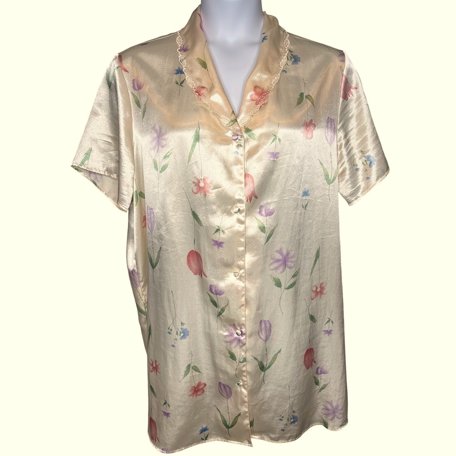 VTG 90s Lord & Taylor Yellow Pastel Floral Satin Pajama Top 1X Silky Coquette
