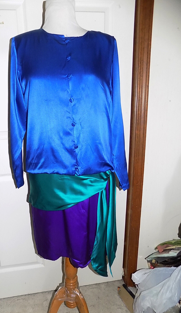Vintage 80s Blue Purple Aqua Silk Studio Dress Size 6 Dropped Waist Sash B40 *