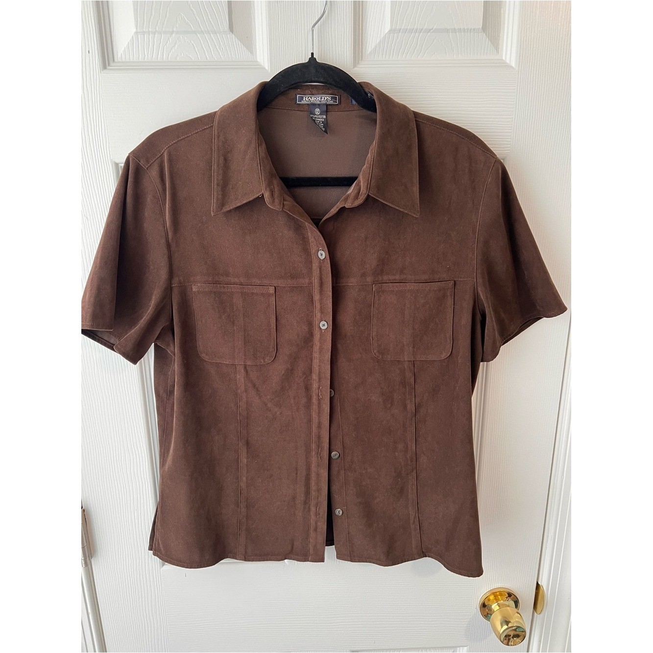 Vintage Harolds Brown Faux Suede Button Down Shirt Women Size 12 Microsuede Y2K