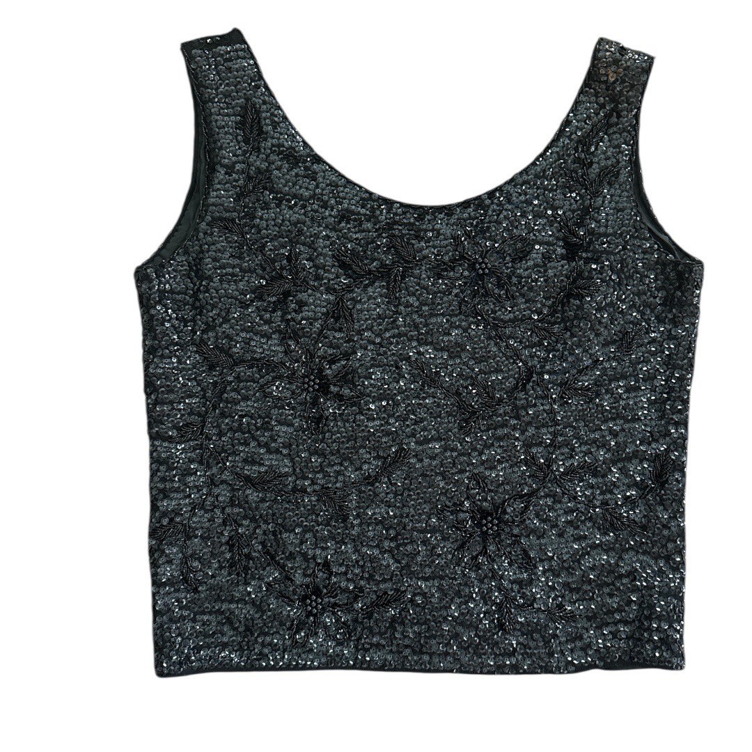 Vtg Black Sequin Beaded Sleeveless Top W/ Floral Design Full Back Zipper
