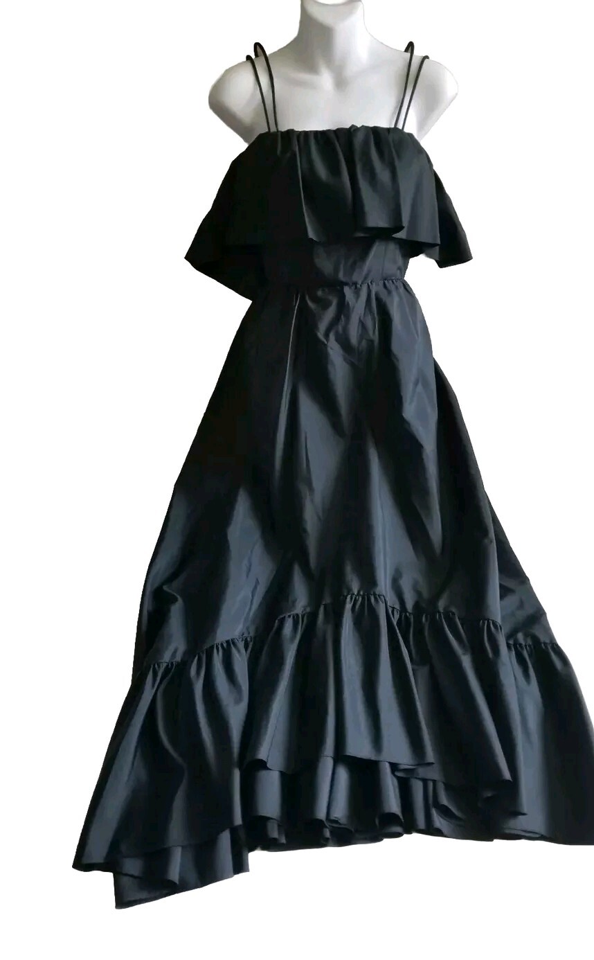 Vintage 80s Women’s Prairie Boho Black Maxi Gown with Spaghetti Straps