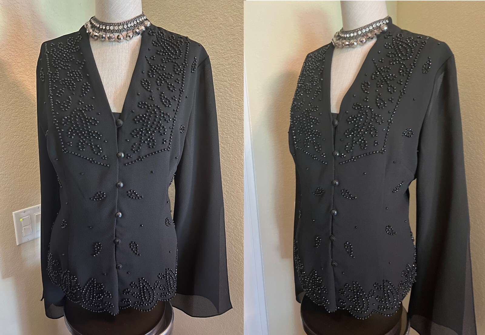 J.R. NITES BY CALIENDO * BLACK BEADED TOP * SHEER SLEEVES * V-NECK * SIZE 12 EUC