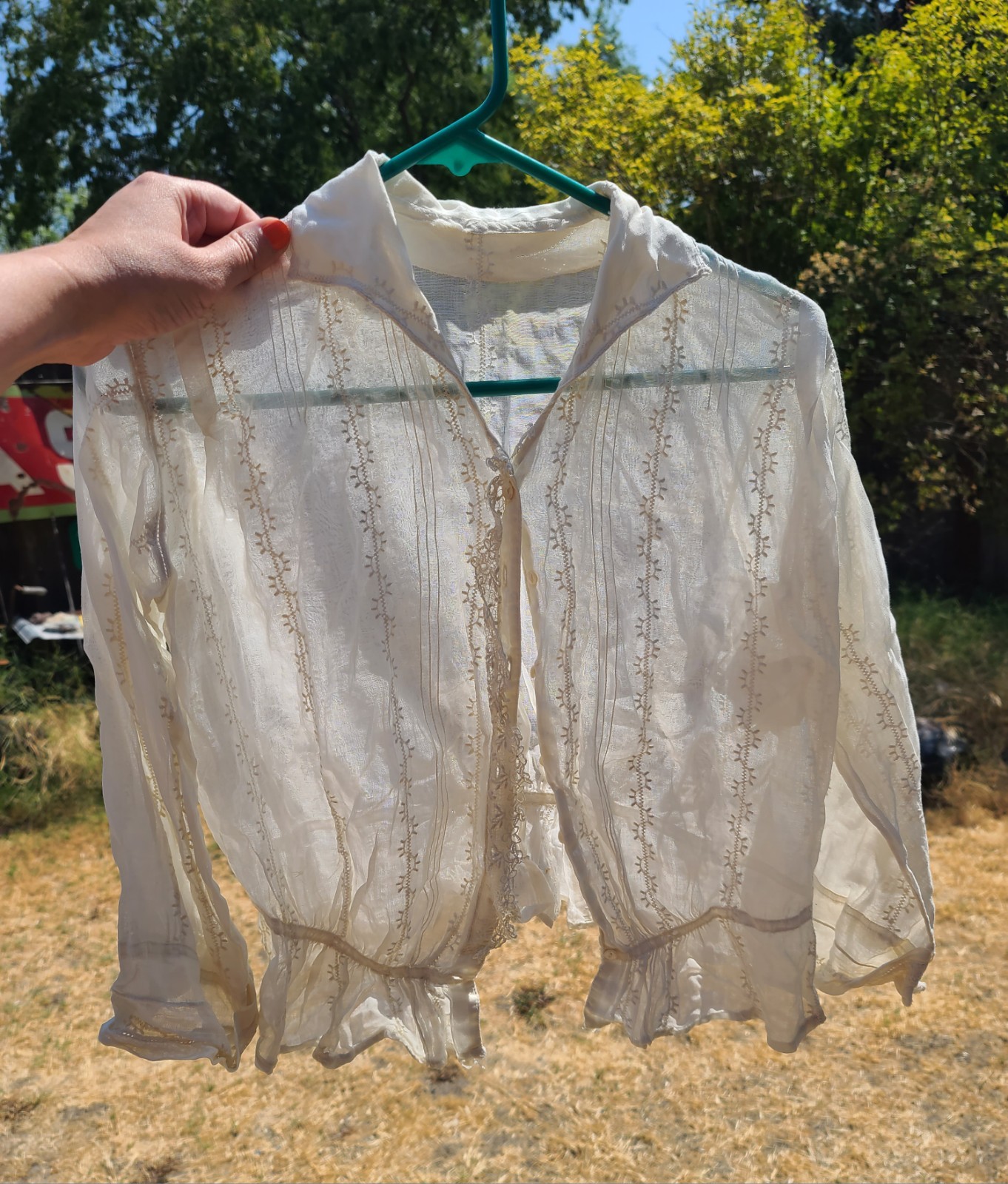 Antique Edwardian Sheer Lacy Dressing Night Gown Shirt Blouse Prarie Wedding S