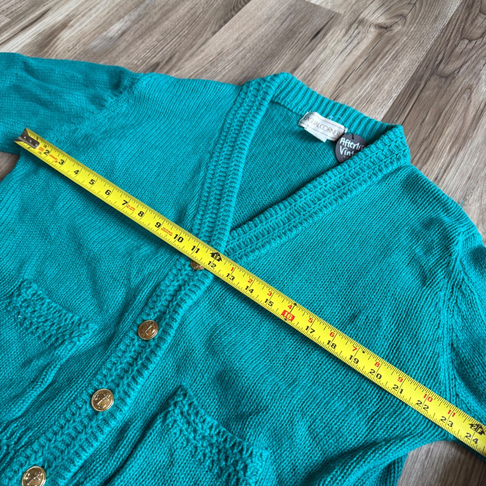Vintage Teal Green Ramie Cotton Knit Anchor Button Cardigan L Chunky Knit