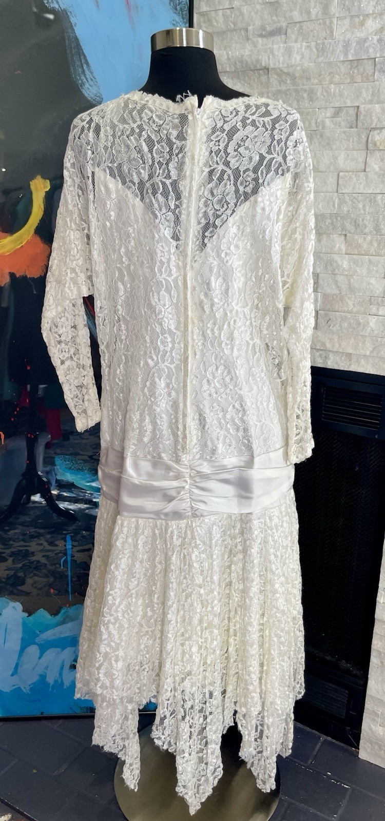 Vintage Victorian 80’s White Lace And Sequin Drop Waist Dress Asymmetrical Hem