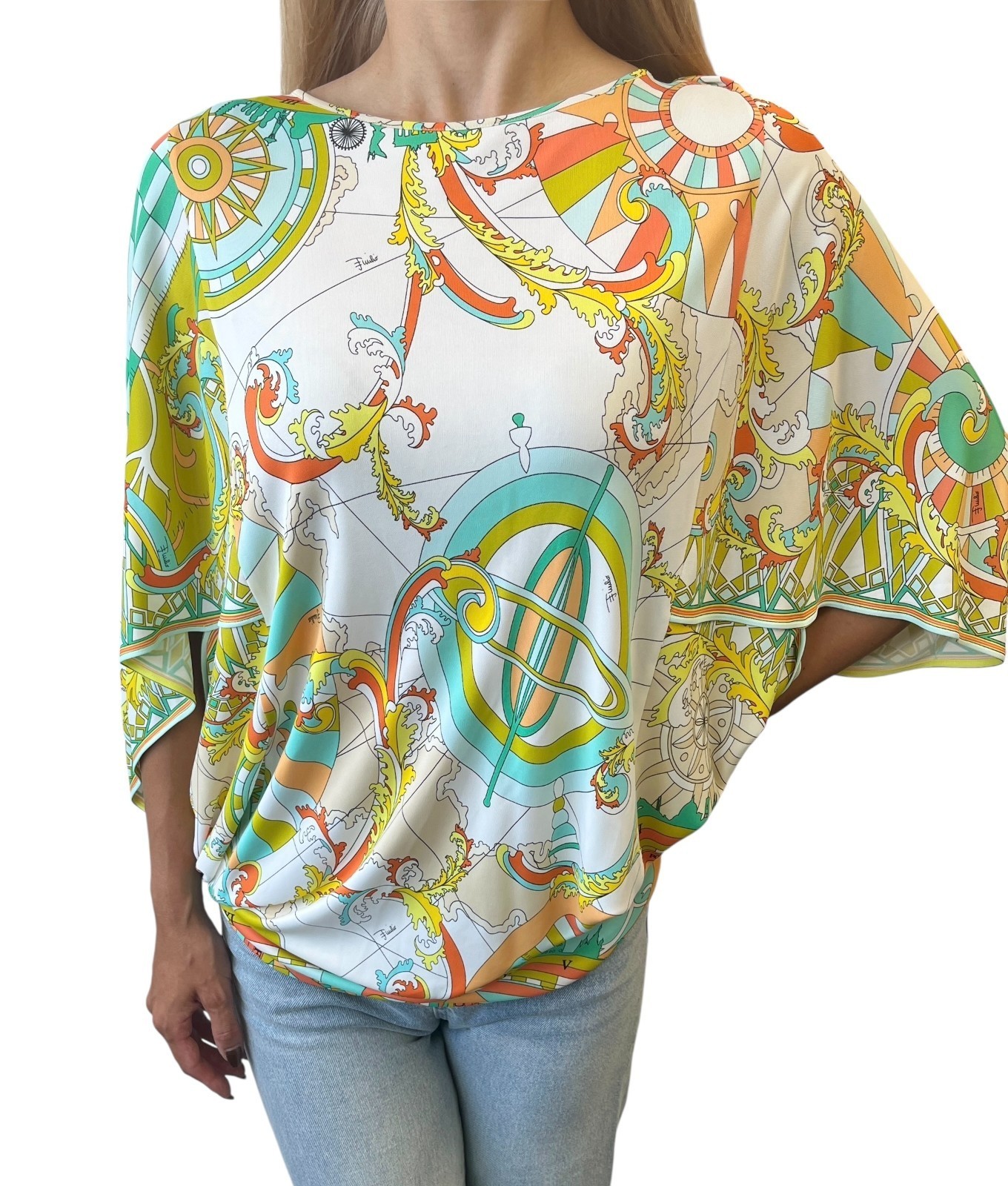 EMILIO PUCCI Logo Poncho Top #38 Button Multicolor Rayon Short Sleeve Pullover