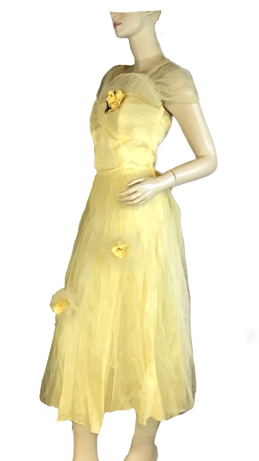 VINTAGE CIRCA 1950’S YELLOW TULLE & TAFFETA PARTY DRESS WITH FLOWER SZ SM