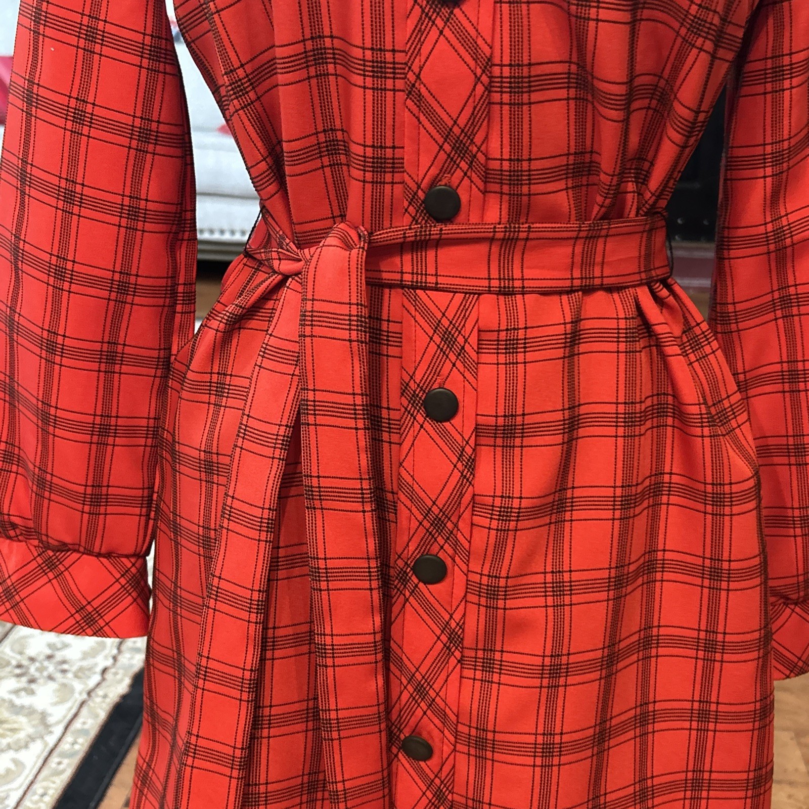 Vintage Red Black Plaid stripes Shirt Dress Polyester Knit Medium Large EUC