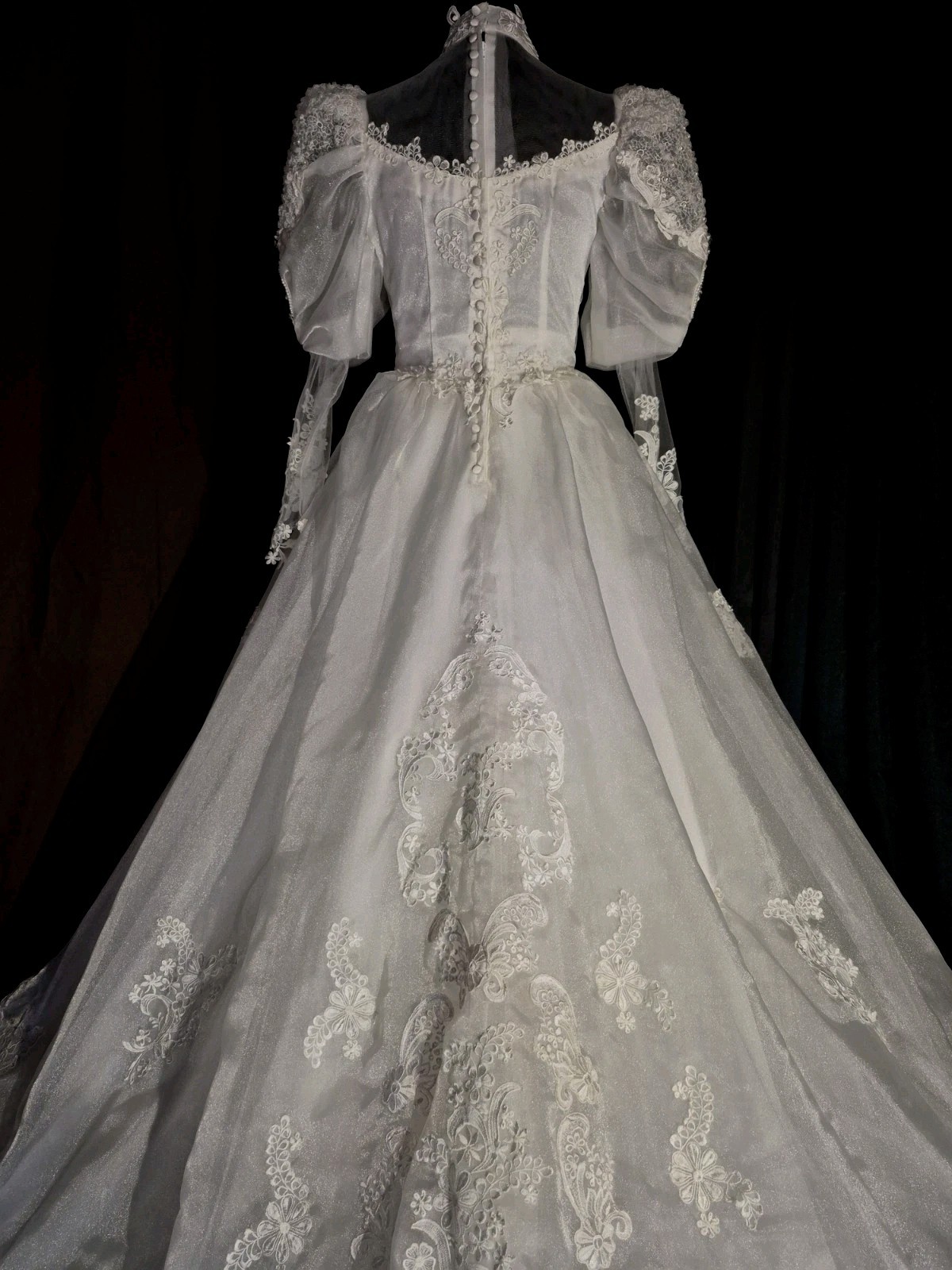Vintage White Lace Wedding Dress Victorian Puff Sleeves Sz S