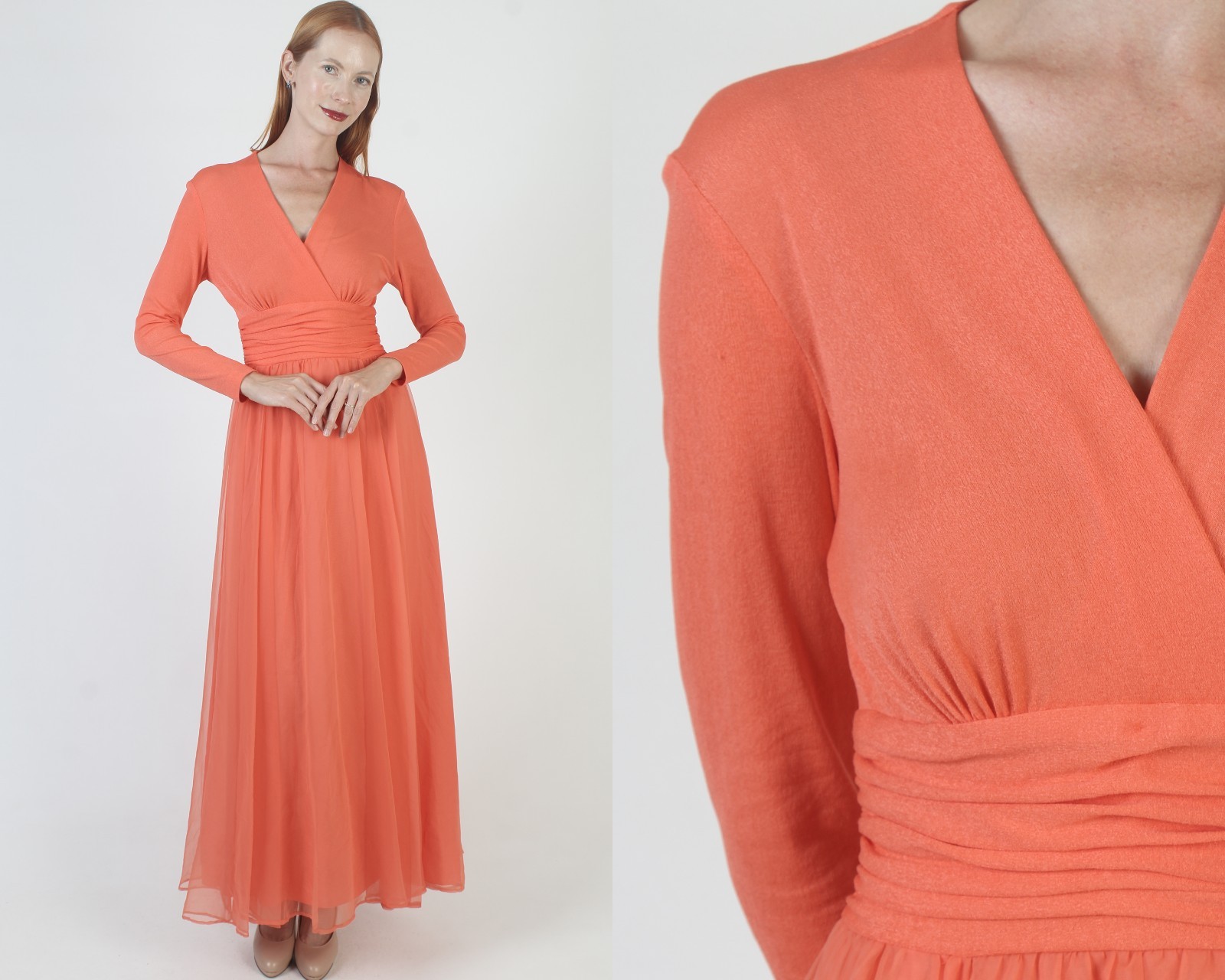 Vtg Miss Elliette Orange Chiffon Party Dress Cocktail Party Disco Wrap Gown