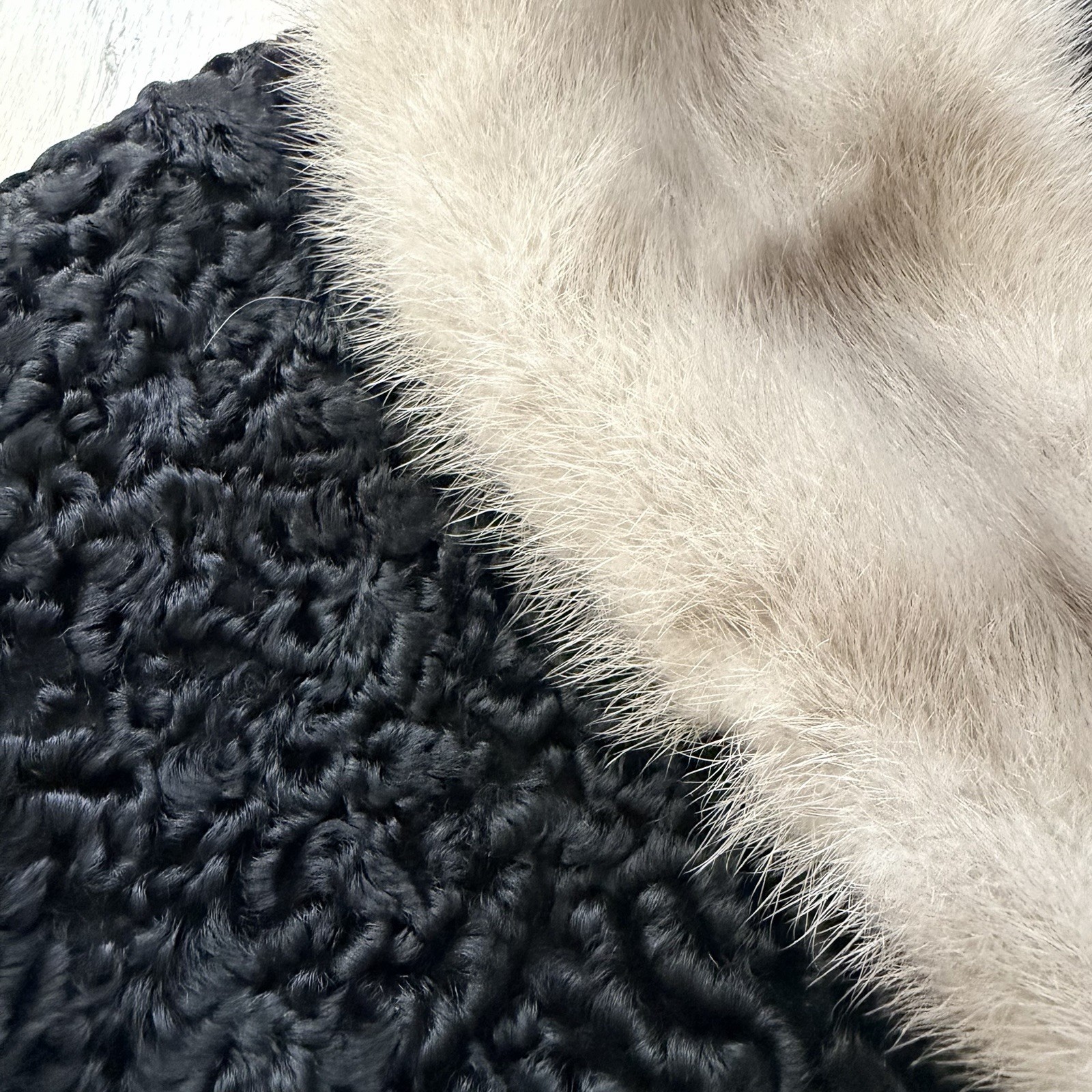 Vtg Persian Lamb Black Fur Jacket With Silver Mink Collar Short Coat Jacket M/L