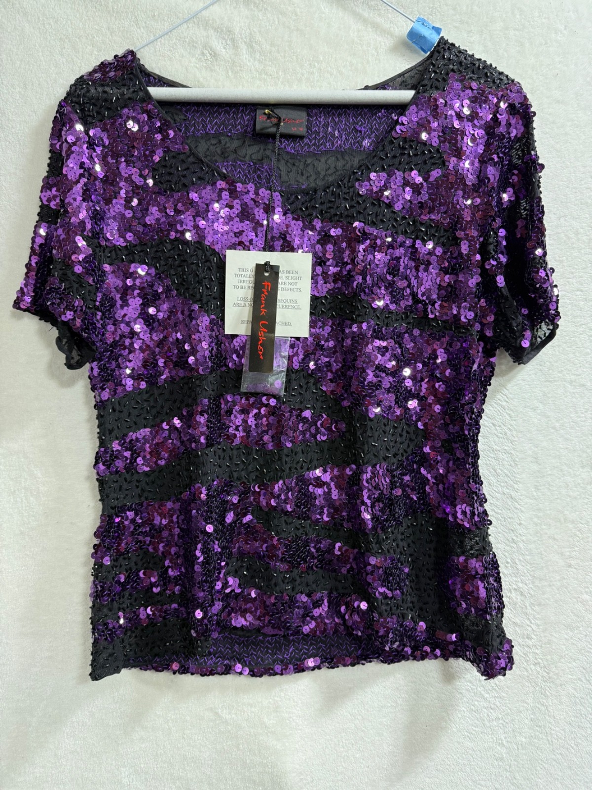 Frank Usher Top Size 14 Purple Sequin 90s Short Sleeve Cocktail Formal Y2K Glam