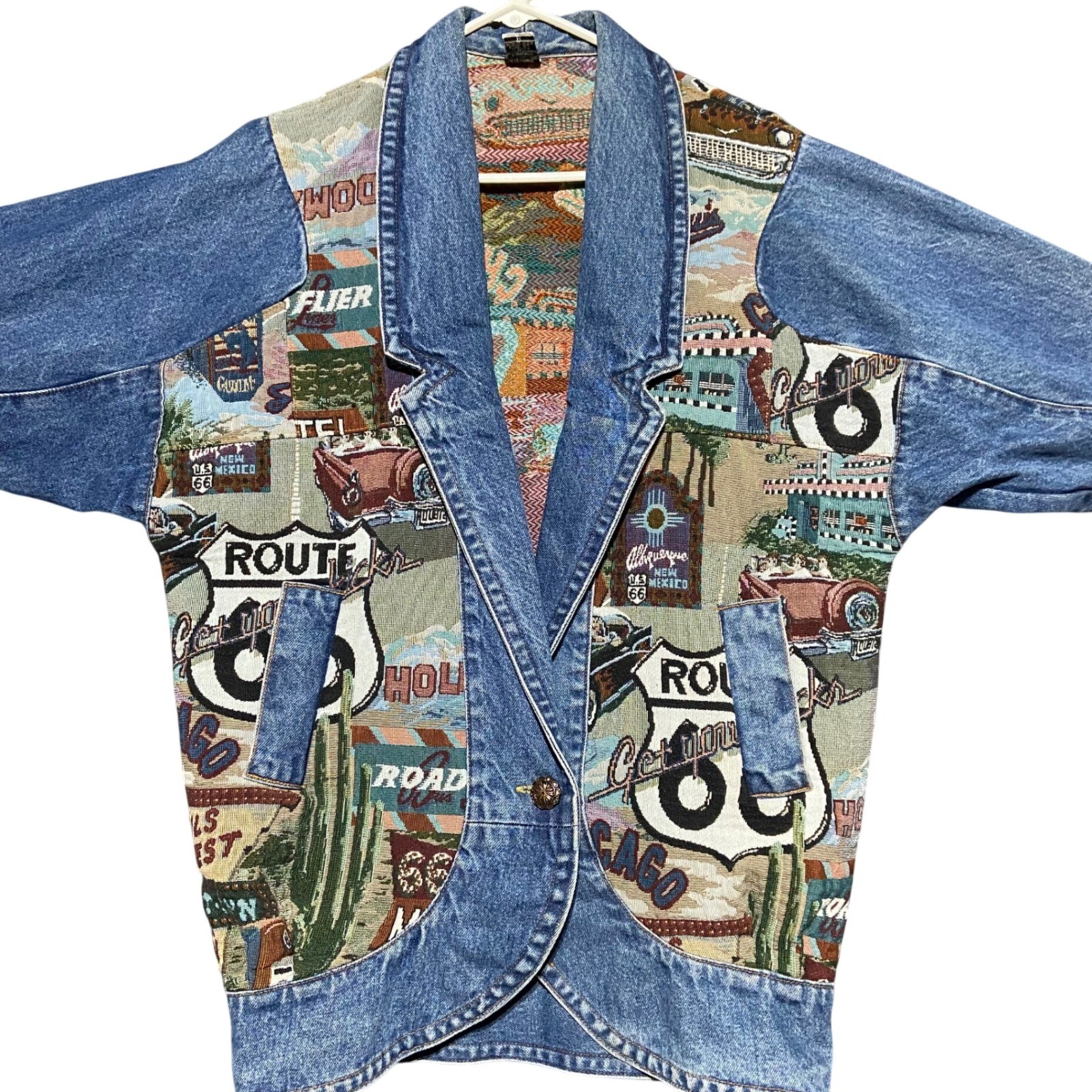 Vintage Route 66 Tapestry Denim Jacket Womens Medium Blue Cotton Made in USA 90s
