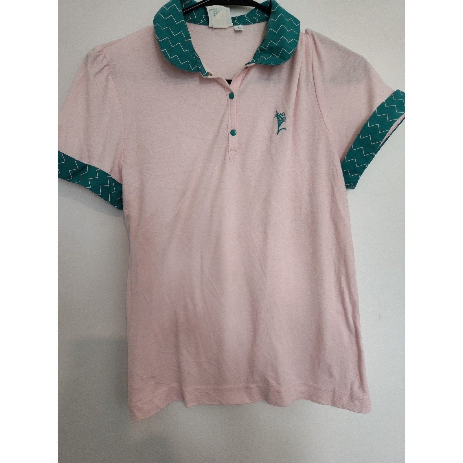 Vintage Lilys of Beverly Hills Pink Teal Zigzag Polo Shirt Made in USA Womens L