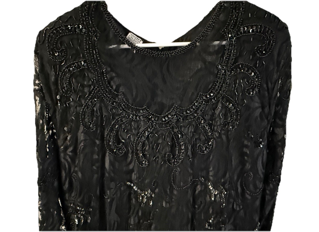 80s Gunit Black Beaded Lace Dress Long Sleeve Drop Waist Size 1X Made In India