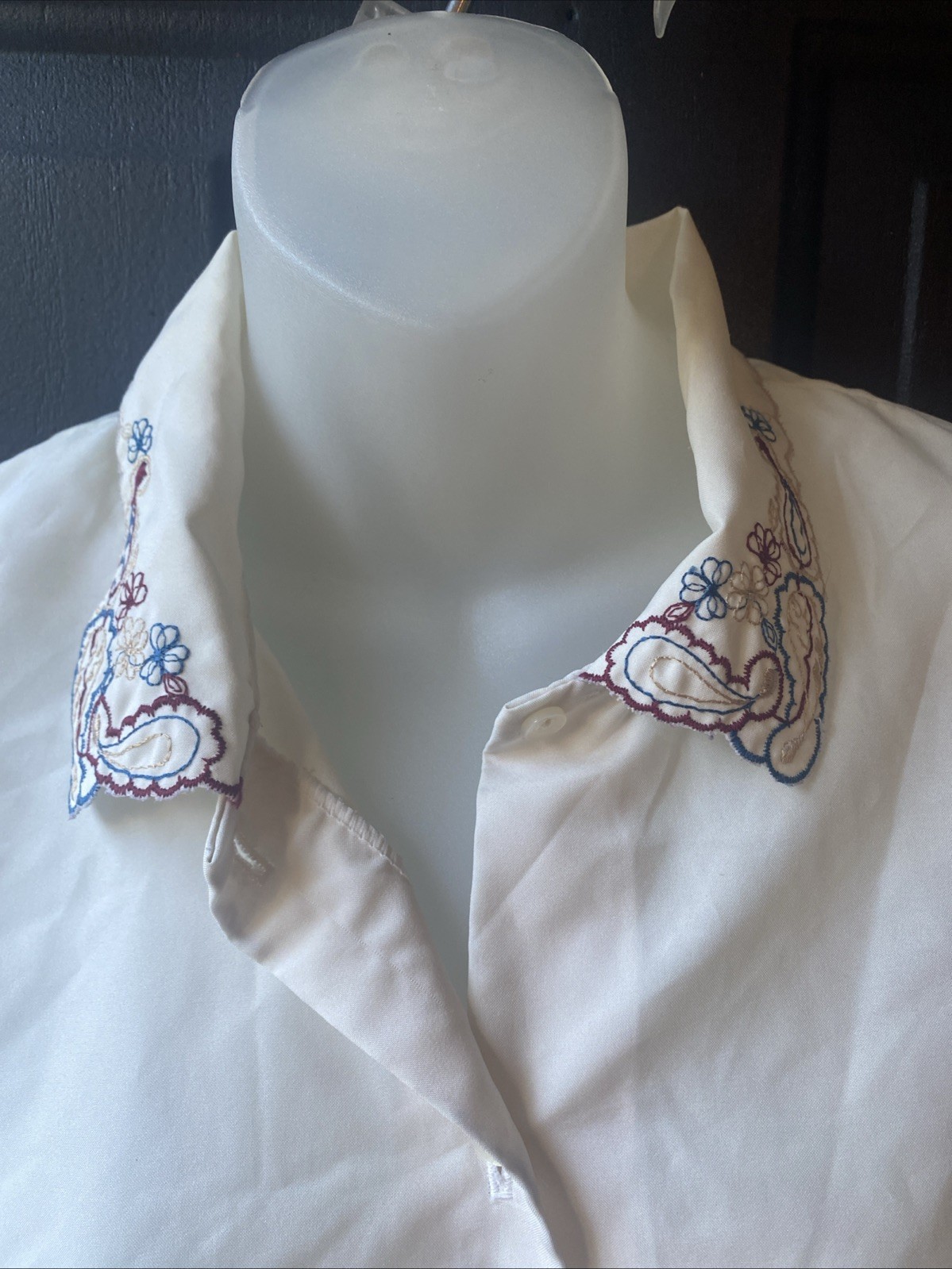 Vintage Inseparables Blouse Top Womens Sz 16 Embroidered Collar Ivory Flowy EUC