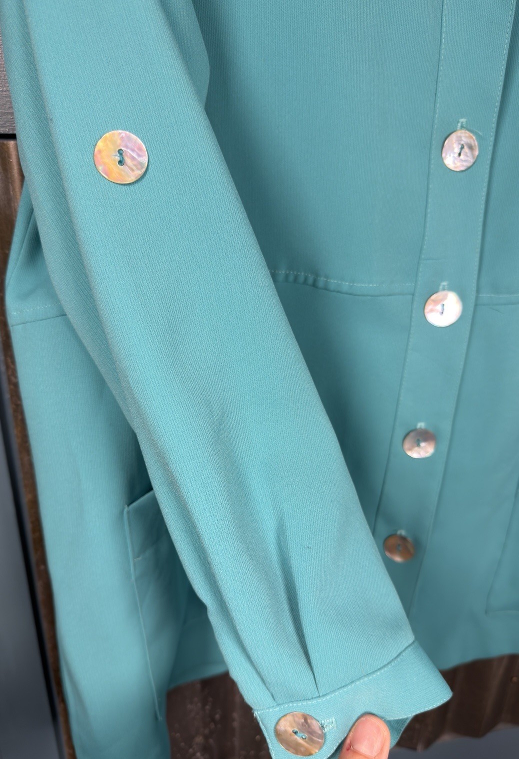 VTG Brownstone Studio NY Lightweight Jacket Turquoise Mother Pearl Buttons Sz 18