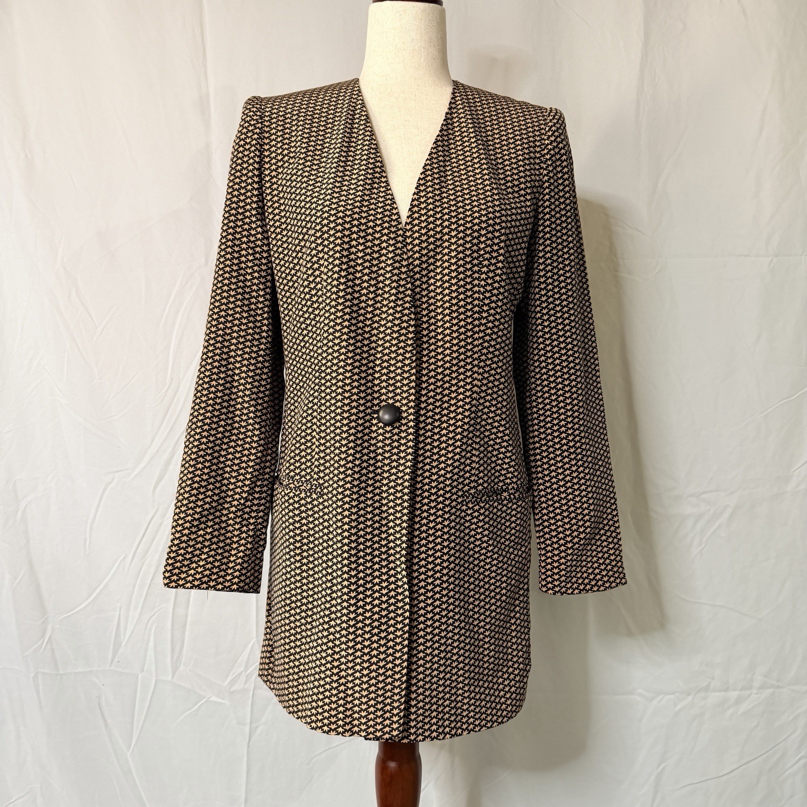 Vintage 80s Women’s Silk Brown & Black Single-Button Coat Jacket.