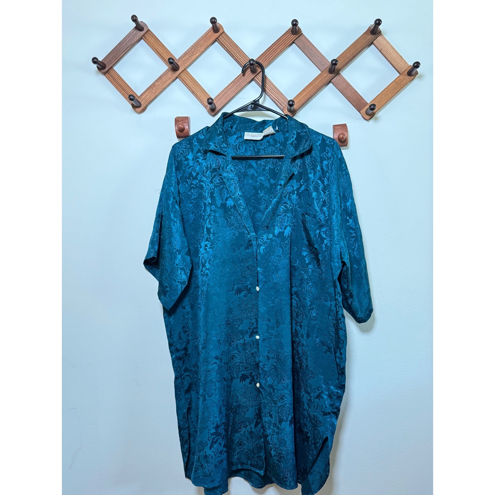 Vintage The Lingerie Collection Teal Blue Satin Jacquard Nightshirt Sleep Top M