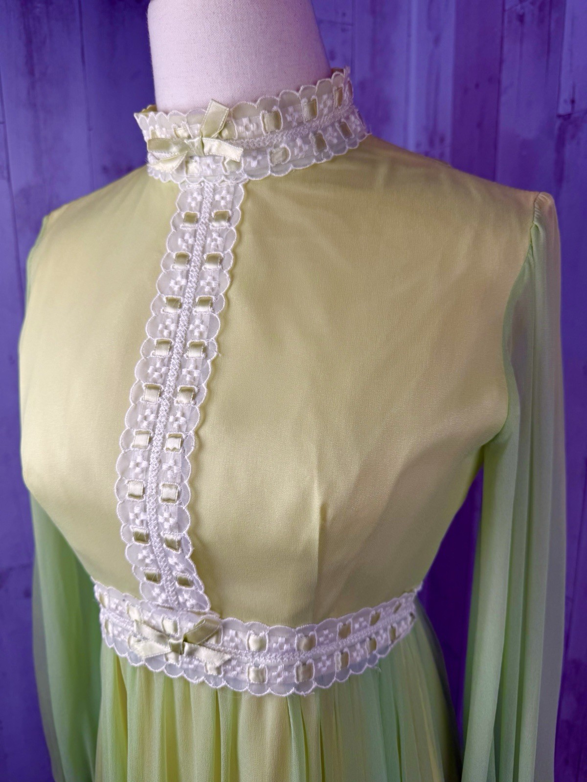 Vintage 1970s Lorrie Deb Gown Silk Chiffon Spring Green Dress Lace Maxi Jrs S/2