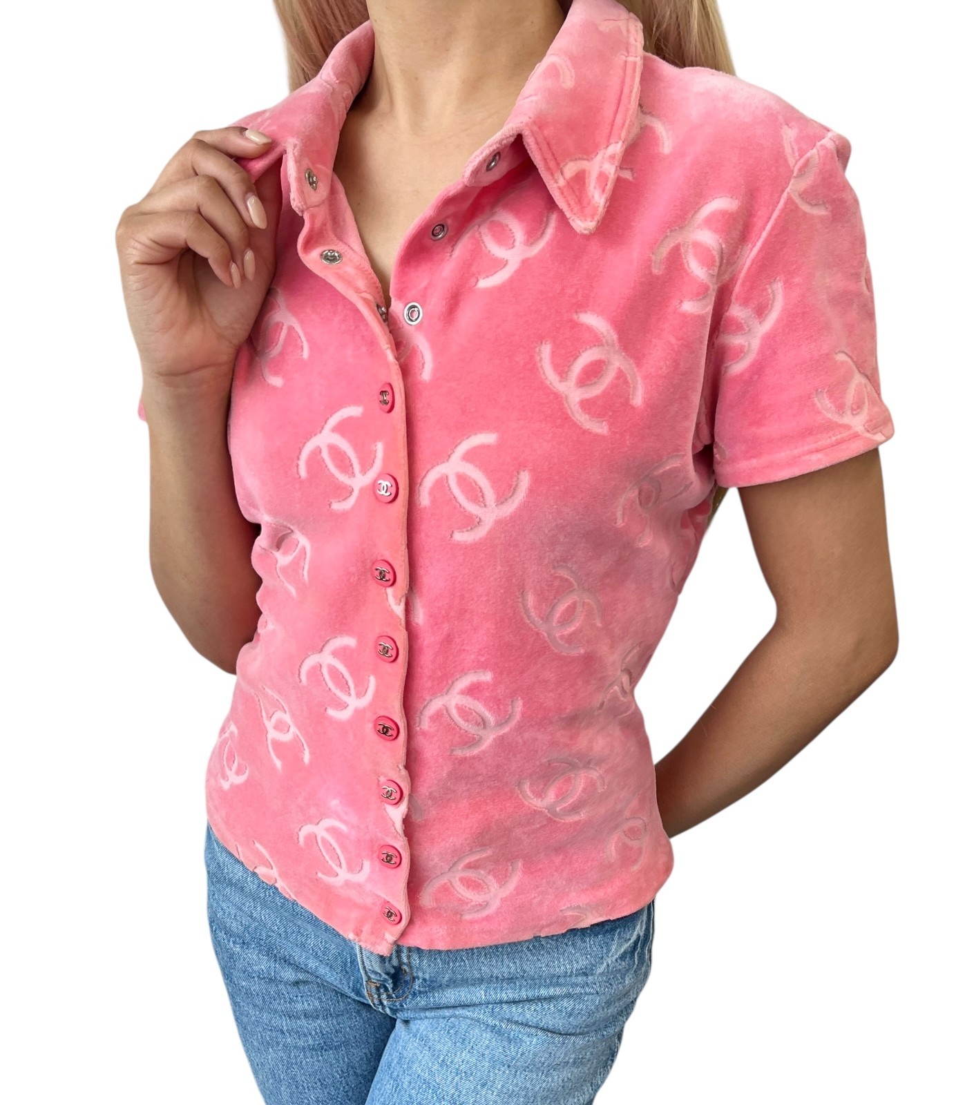 CHANEL Vintage 96A CC Logo Snap Button Velour Shirt Top #40 Pink Cotton