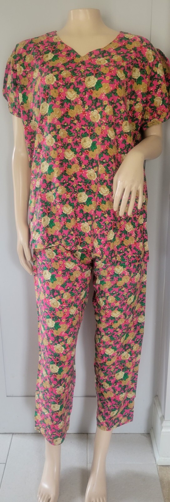 Handcrafted – Two Piece Pajama Set – Poly/Cotton Blend – Floral on Pink