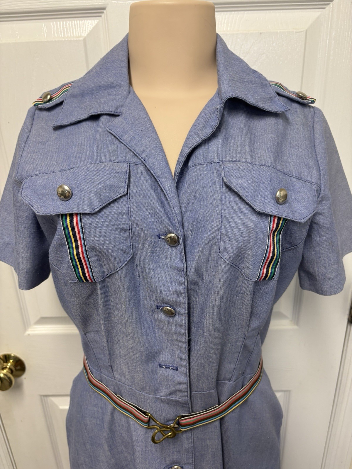 Vintage 70s Sears Fashions Chambray Safari Shirt Dress Belted Rainbow Trim