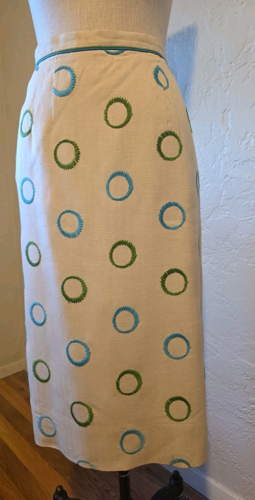 (8) Aqua & Green POLKA DOT Vintage 1960s Pencil Bombshell Linen? Skirt Natural