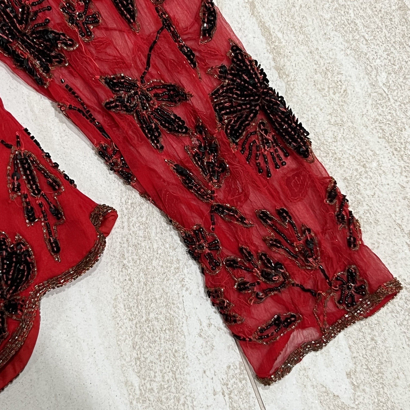 Vintage Laurence Kazar Beaded Top Red Floral Pure Silk Sz L EUC