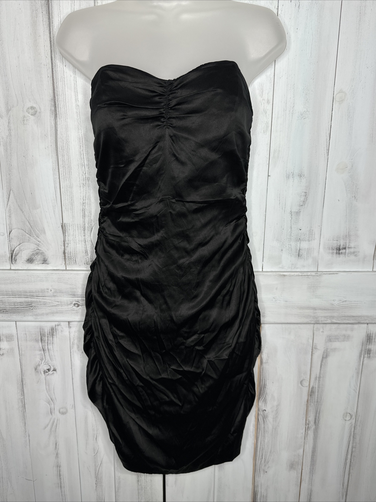 Vintage Express Black Sweetheart Neck Strapless Silk Ruched Lined Mini Dress 6