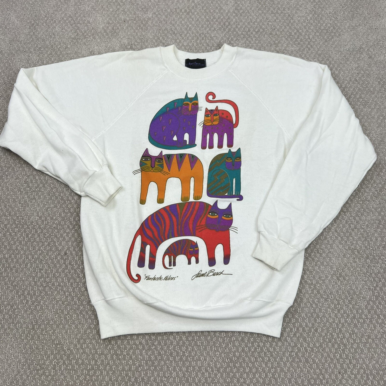 Vtg 80s Laurel Burch Fantastic Felines Crewneck Sweater Size L White Art Deco