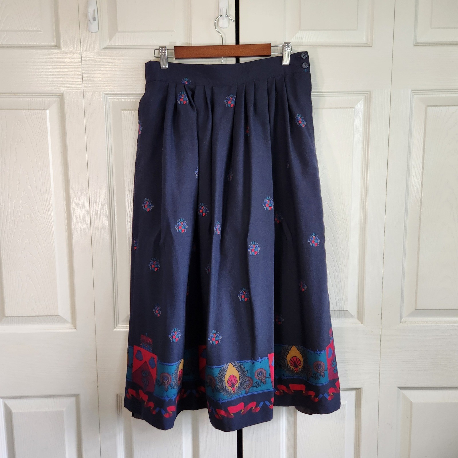 Vintage Navy Heraldic Crest Border Print Pleated Maxi Skirt Made in USA Size 16