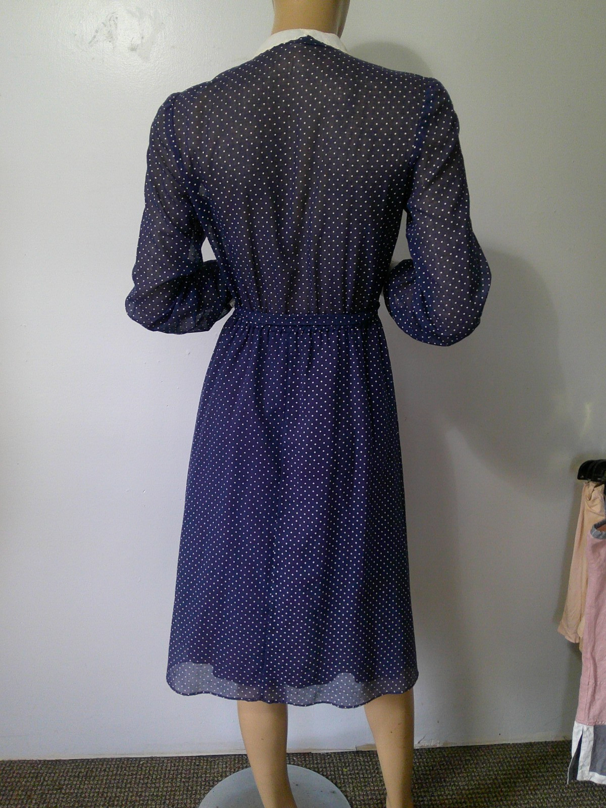 Vtg 70s Navy & White Tiny Dot Semi Sheer Modest Secretary Day Dress Fit Flare M