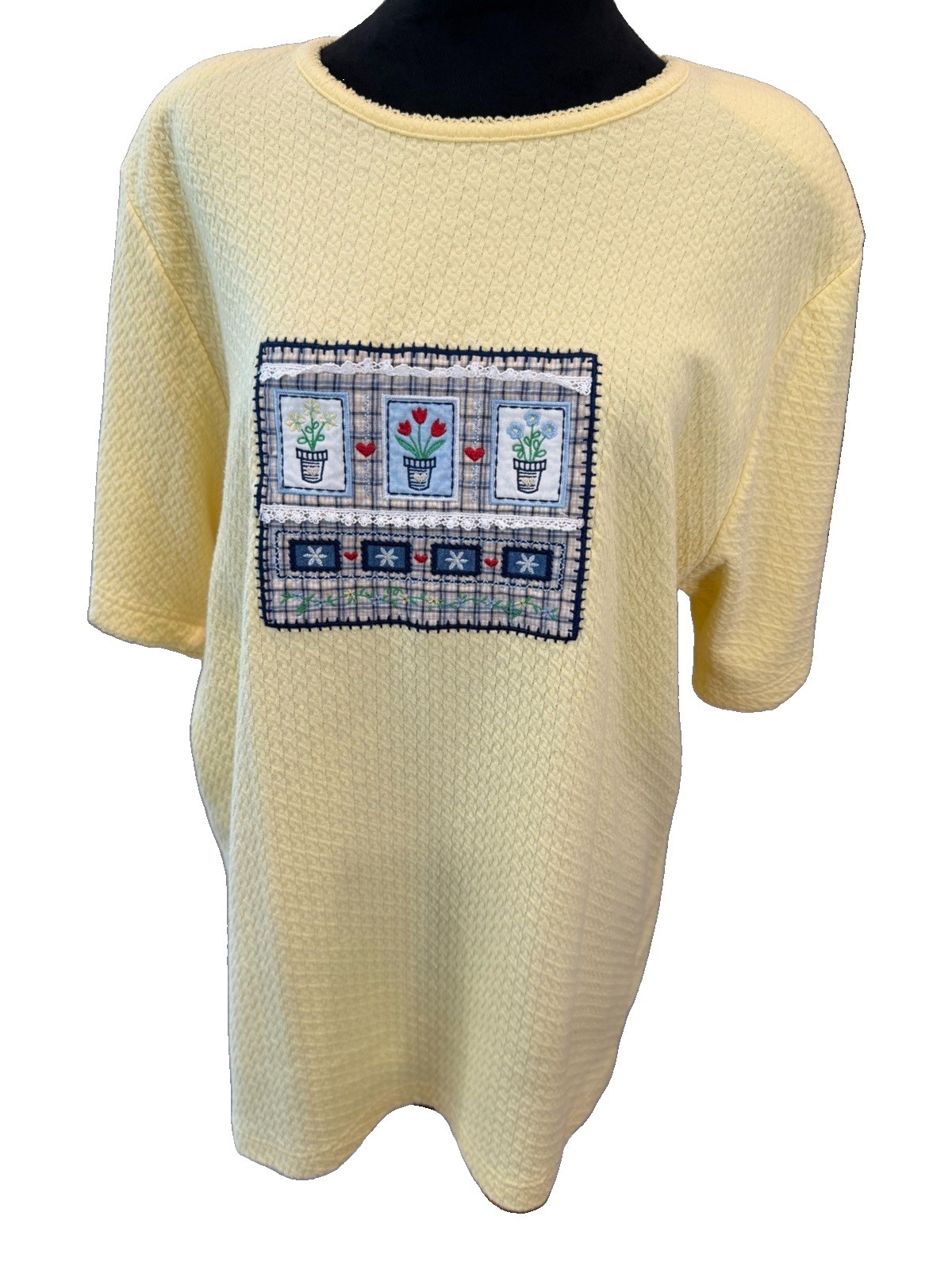 VTG Stephanie K Koret Yellow Textured Knit Top L Floral Patchwork Grandmacore 90