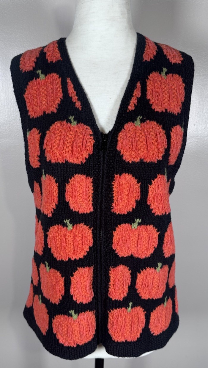 Vintage Marisa Christina Hand Knit Fall Pumpkin Zip Cardigan Sweater Vest Sz S/M