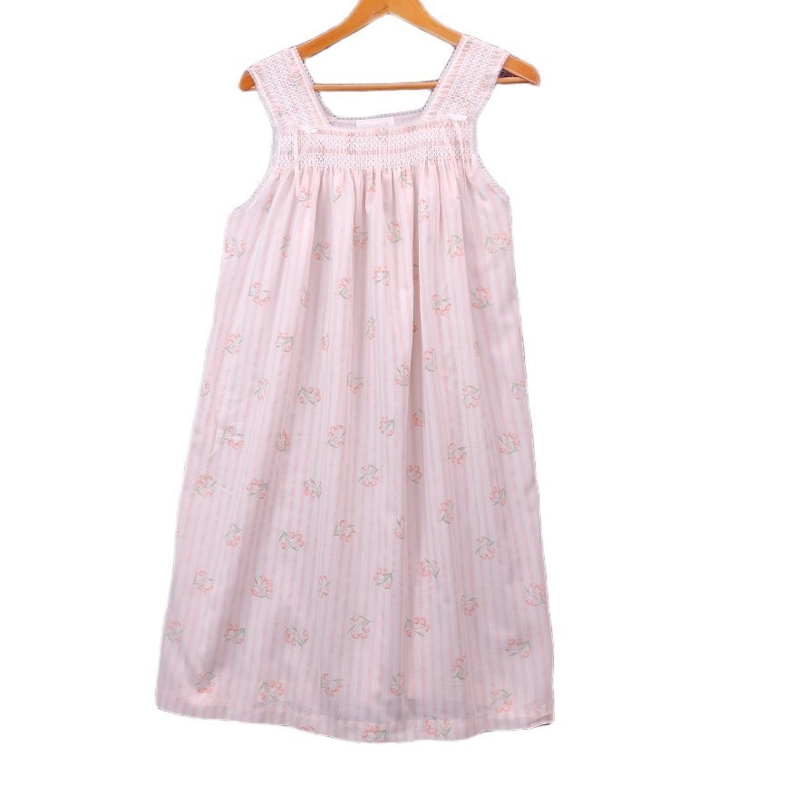 VTG Komar Night Gown Small Orange Floral Stripe Smocking Poly Cotton Blend