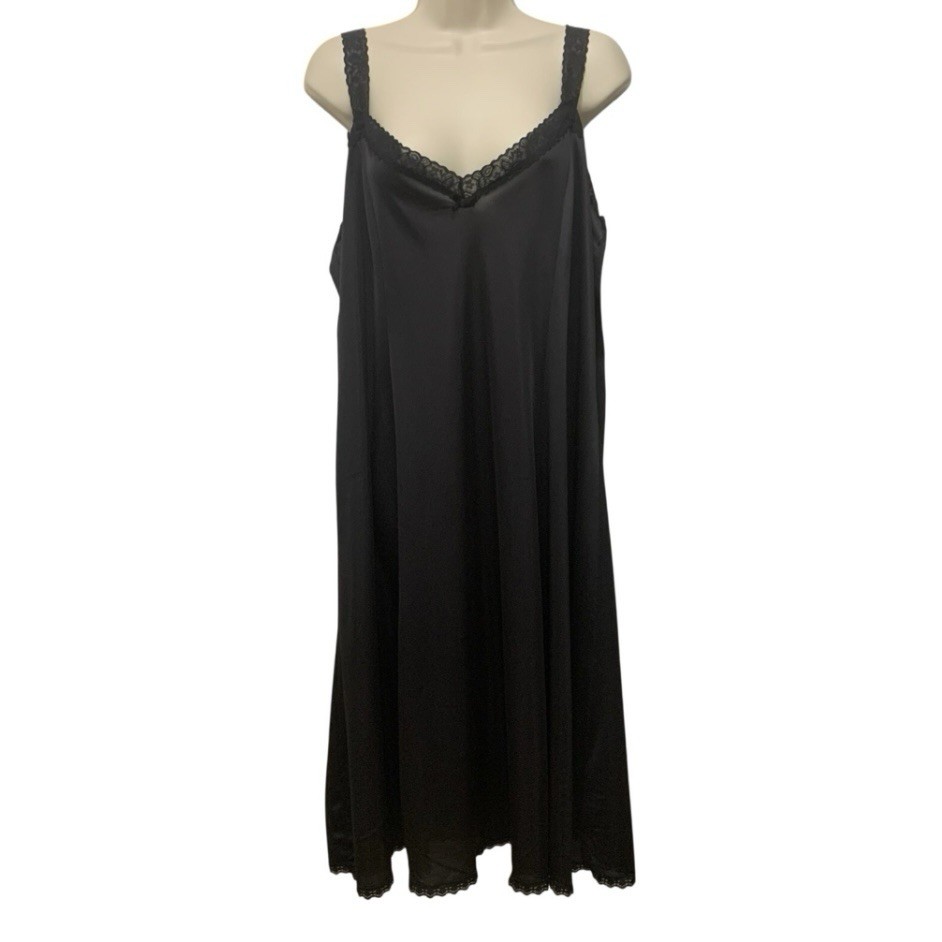 Vintage Beau Trix Black Full Slip Nightgown Nylon Tricot Lace Trim Size 46