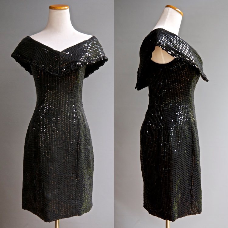 Vtg 80s Night Moves NY Dress Covered in Black Sequins Wide Portrait Collar S 5/6