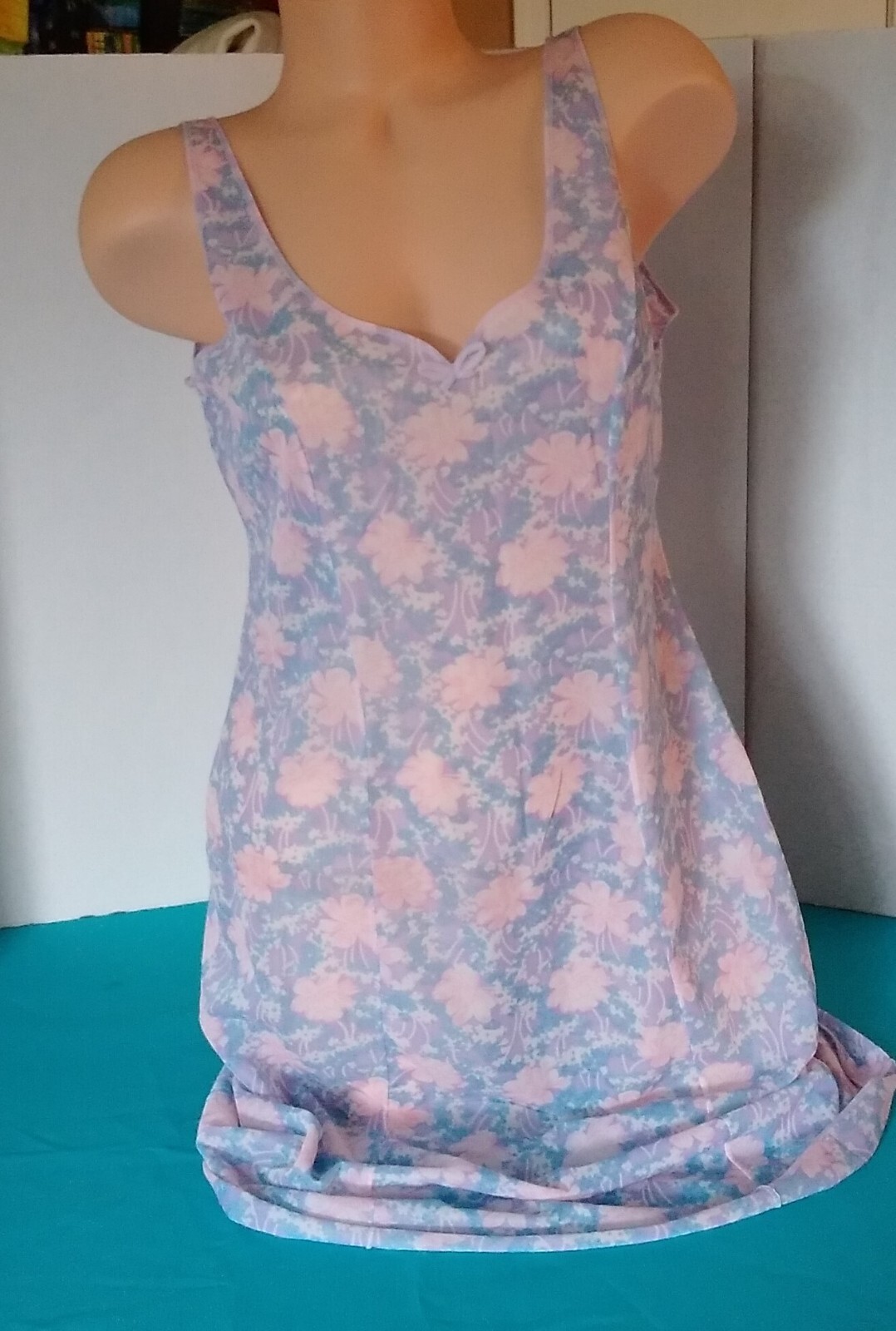 Vintage 60’s Full Slip Dress Chemise European Wide Strap Retro Pink Purple M-L