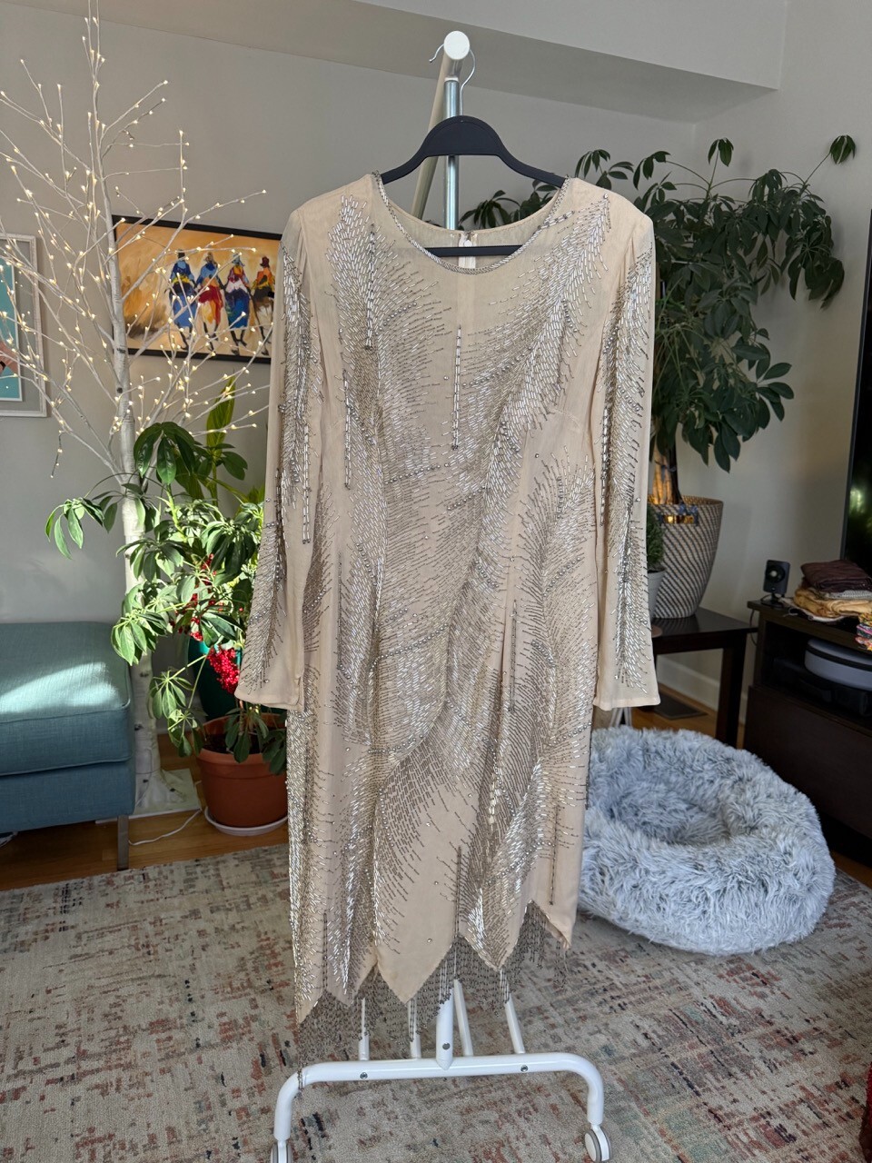 Vintage beaded silk dress with tassels, asymetrical hem, couture