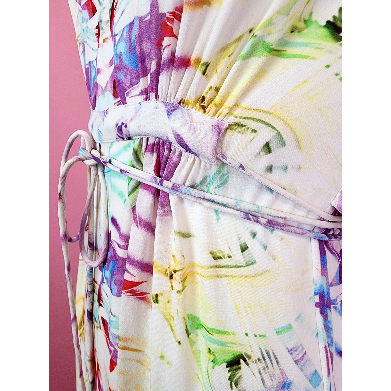 Y2K Tie Dye Silk Caftan White and Pastel Angel Sleeve Maxi Dress