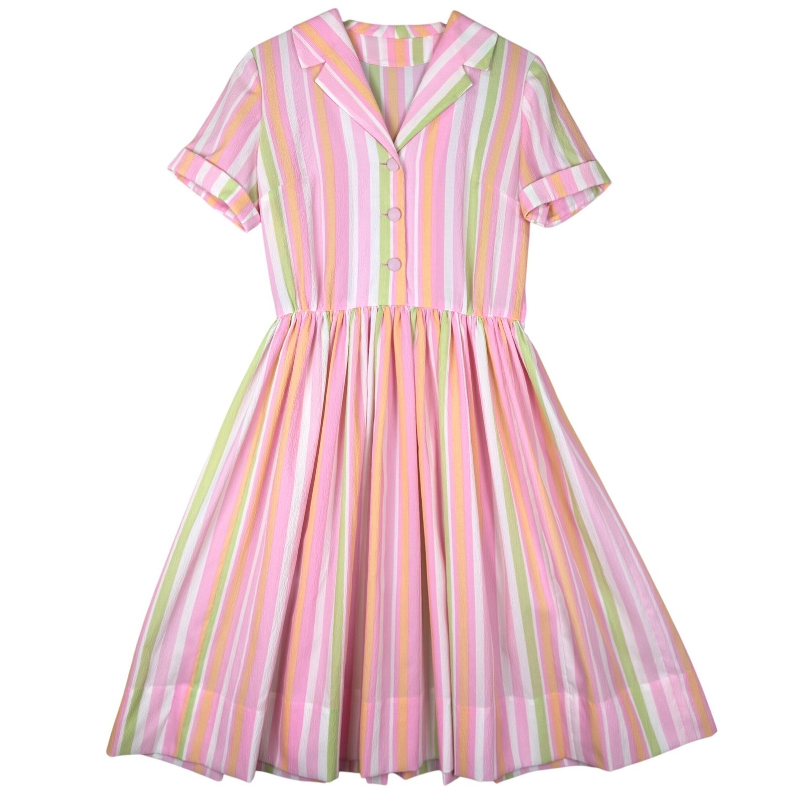 Vintage Pink Green Striped Fit & Flare Dress with Belt Short Sleeve Retro VTG