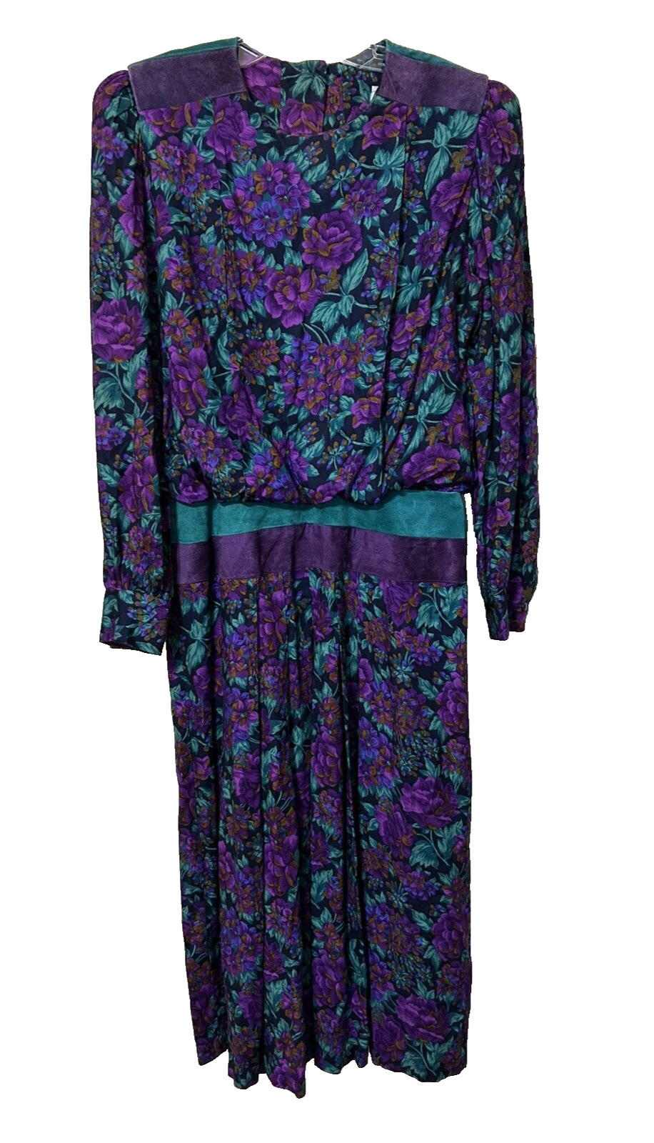 Vintage Patty O’Neil Dress Purple Green Floral Suede LS Midi Maxi 80s Size W-12